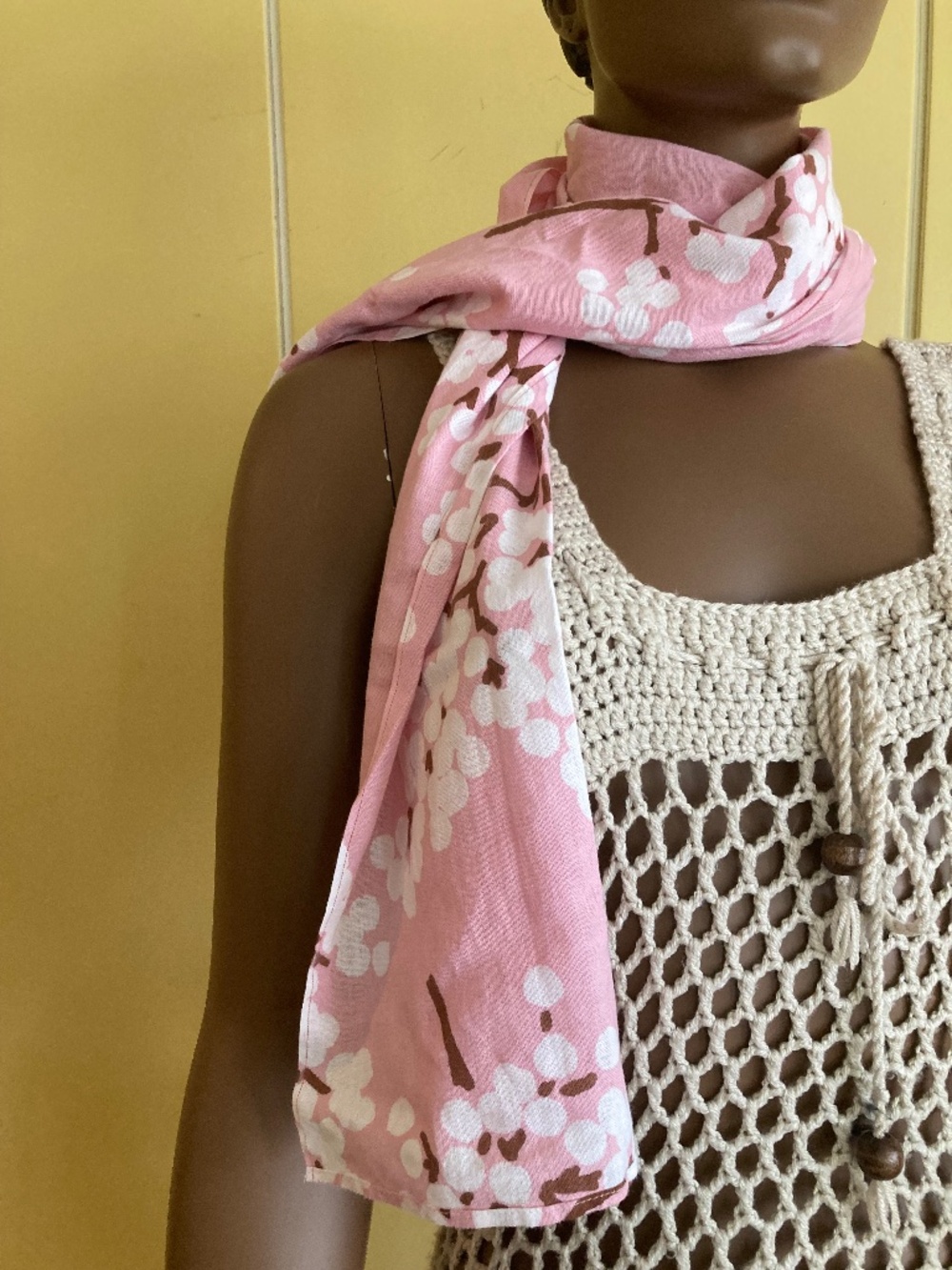Pink Cotton Blend Scarf with Cherry Blossom Print